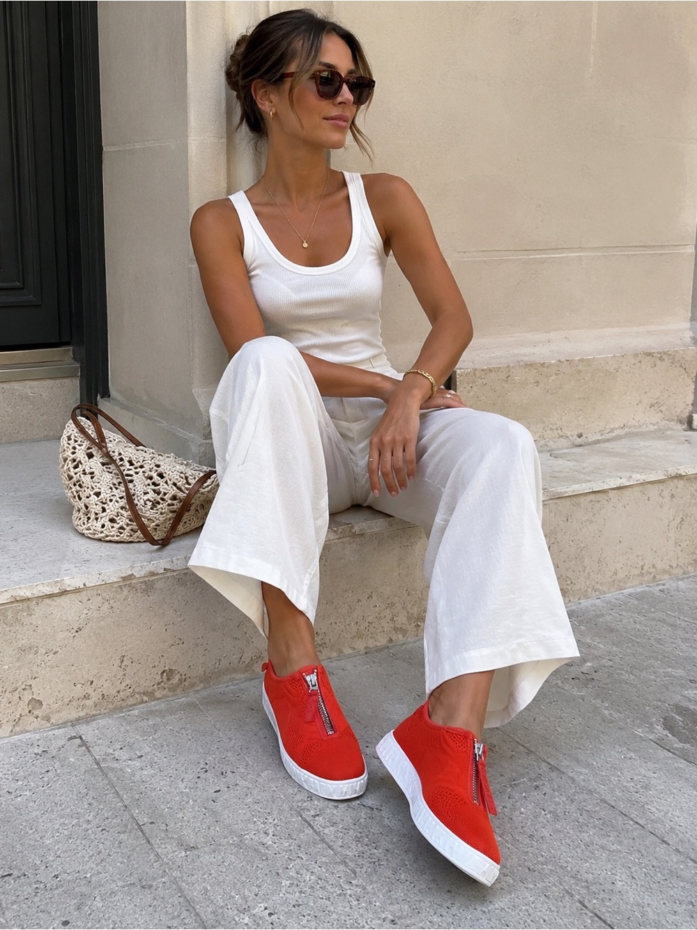 DKNY Women’s Red/Orange Knit Slip-On Sneakers with White Soles
